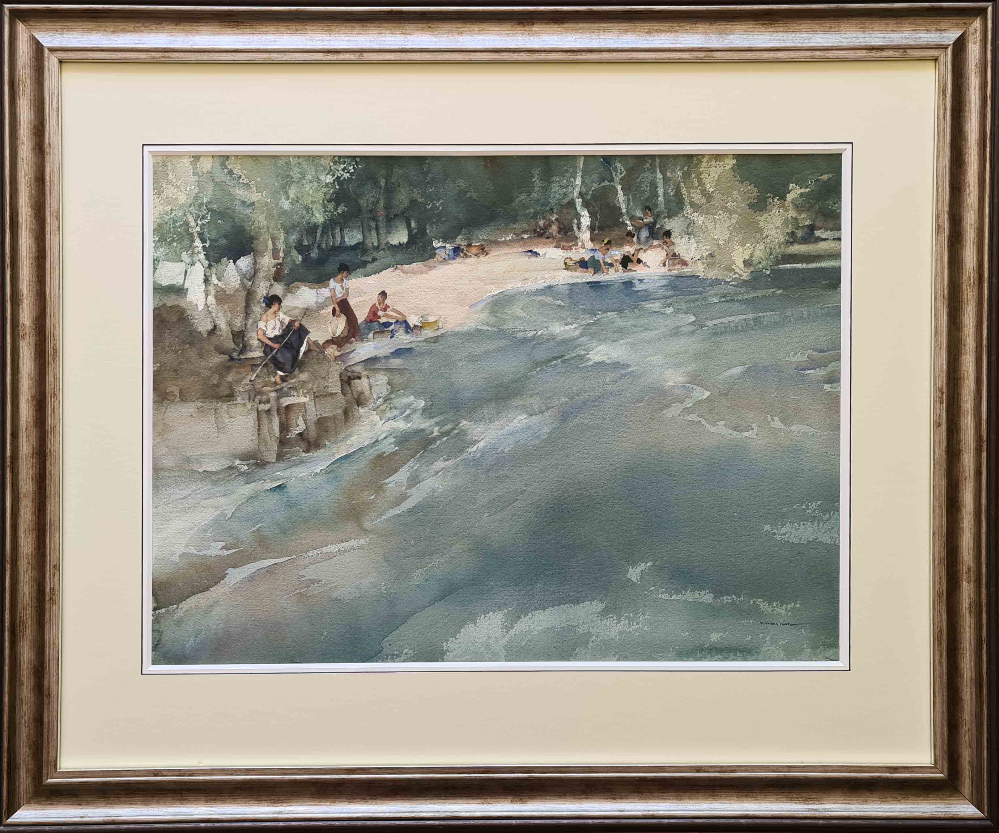 Sir William Russell Flint, original, painting, washerwomen on the Cere at Bretenoux, France