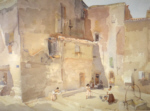 Sunlit Square Languedoc original watercolour painting