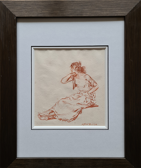 russell flint, original, drawing, red chalk, seated-figure