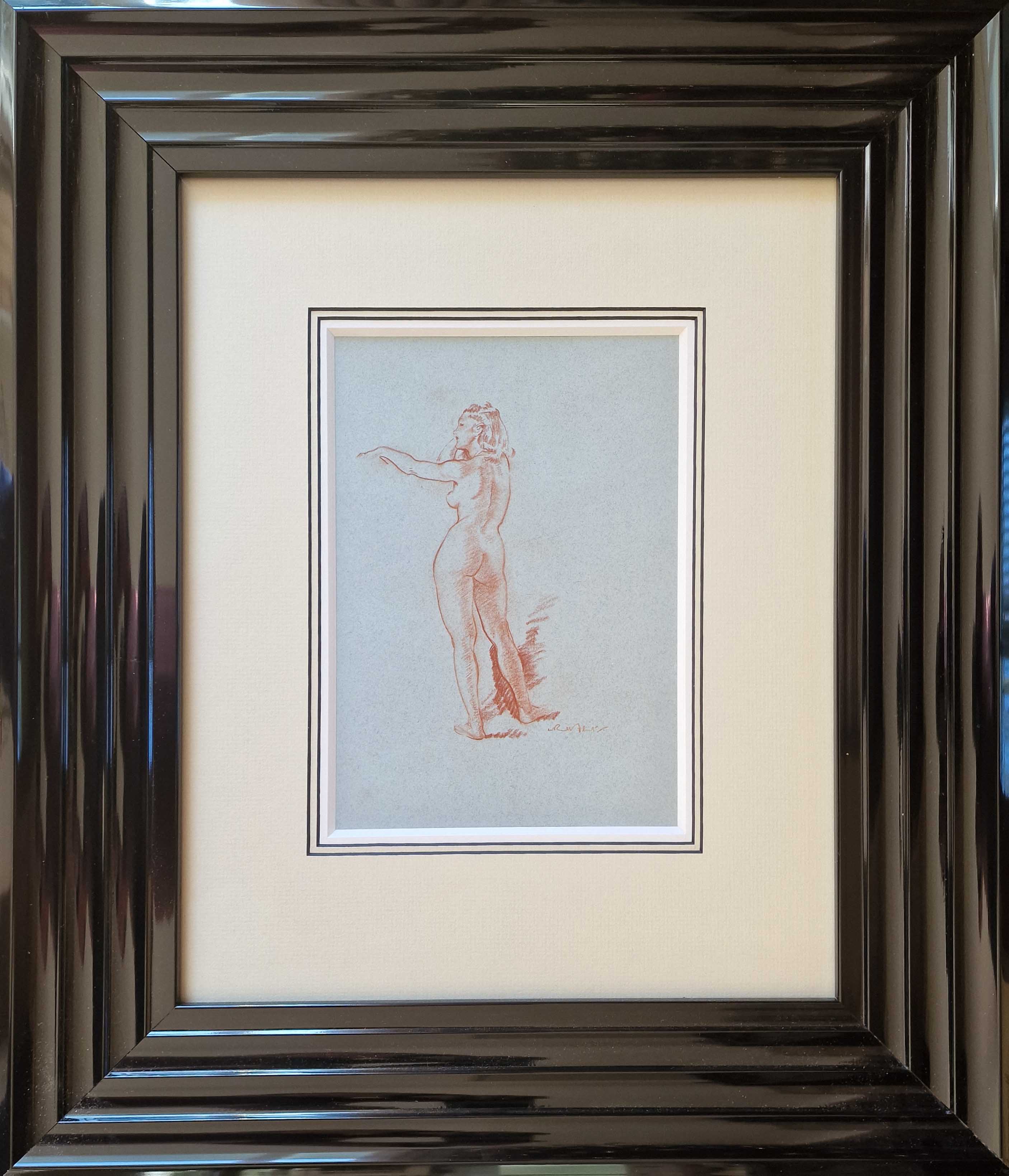 russell flint, original, red chalk, drawing, standing nude