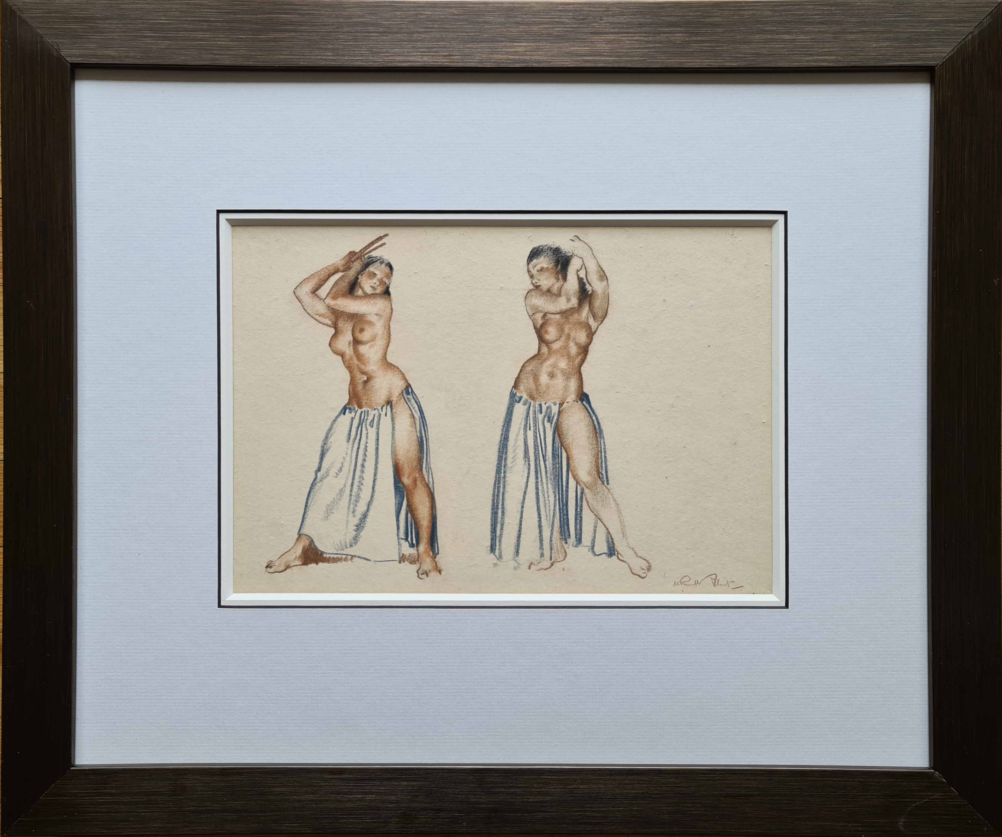 russell flint, original, drawing, red chalk, two-figures