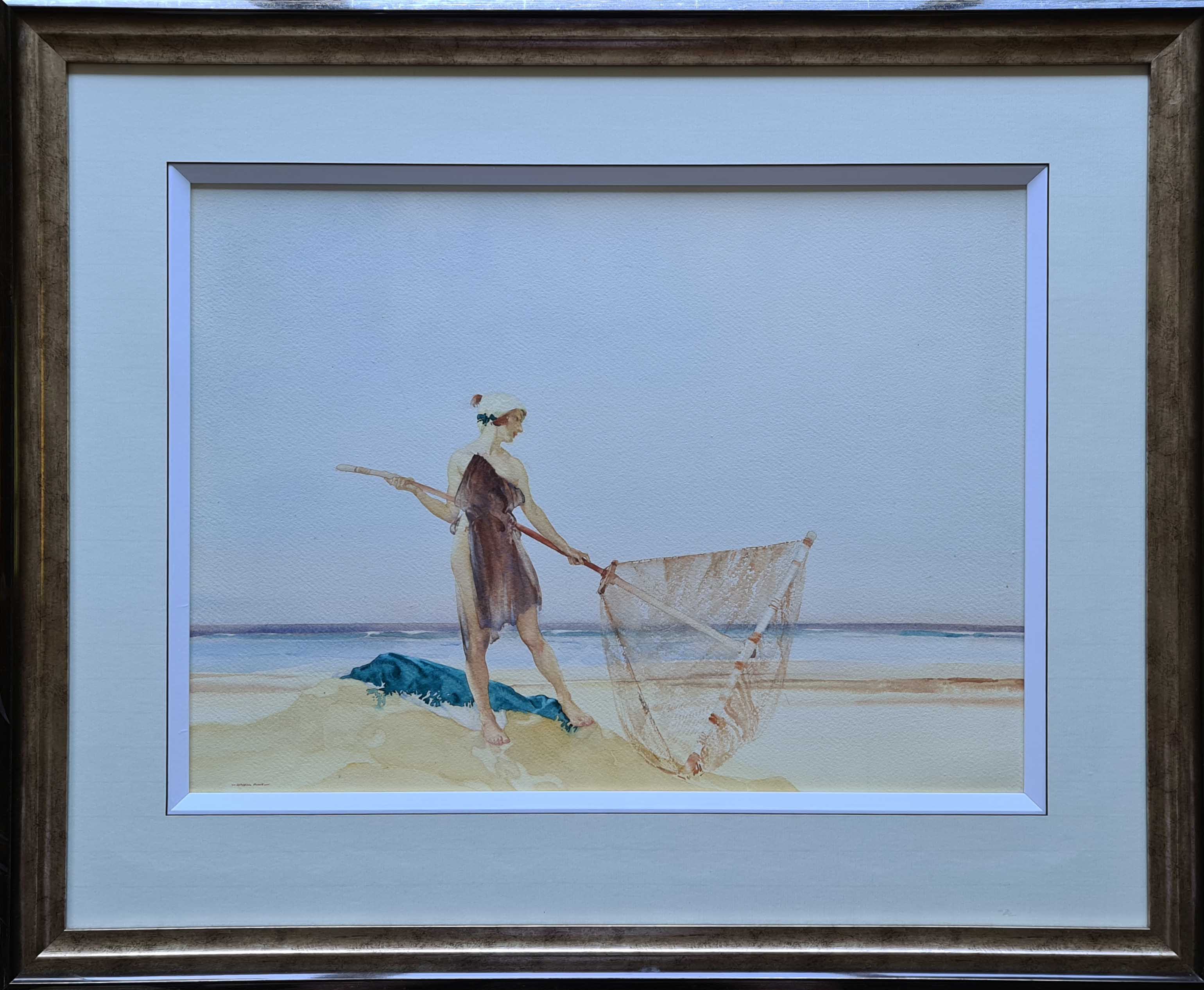 the shrimper, original watercolour, framed